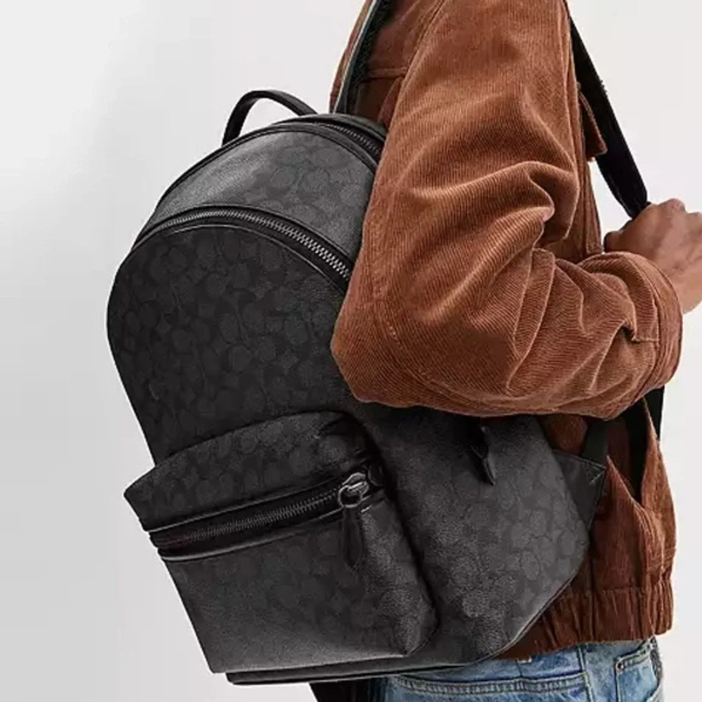 Coach 𝐍𝐖𝐓 Black Signature Canvas Backpack with Leather Trim NEW